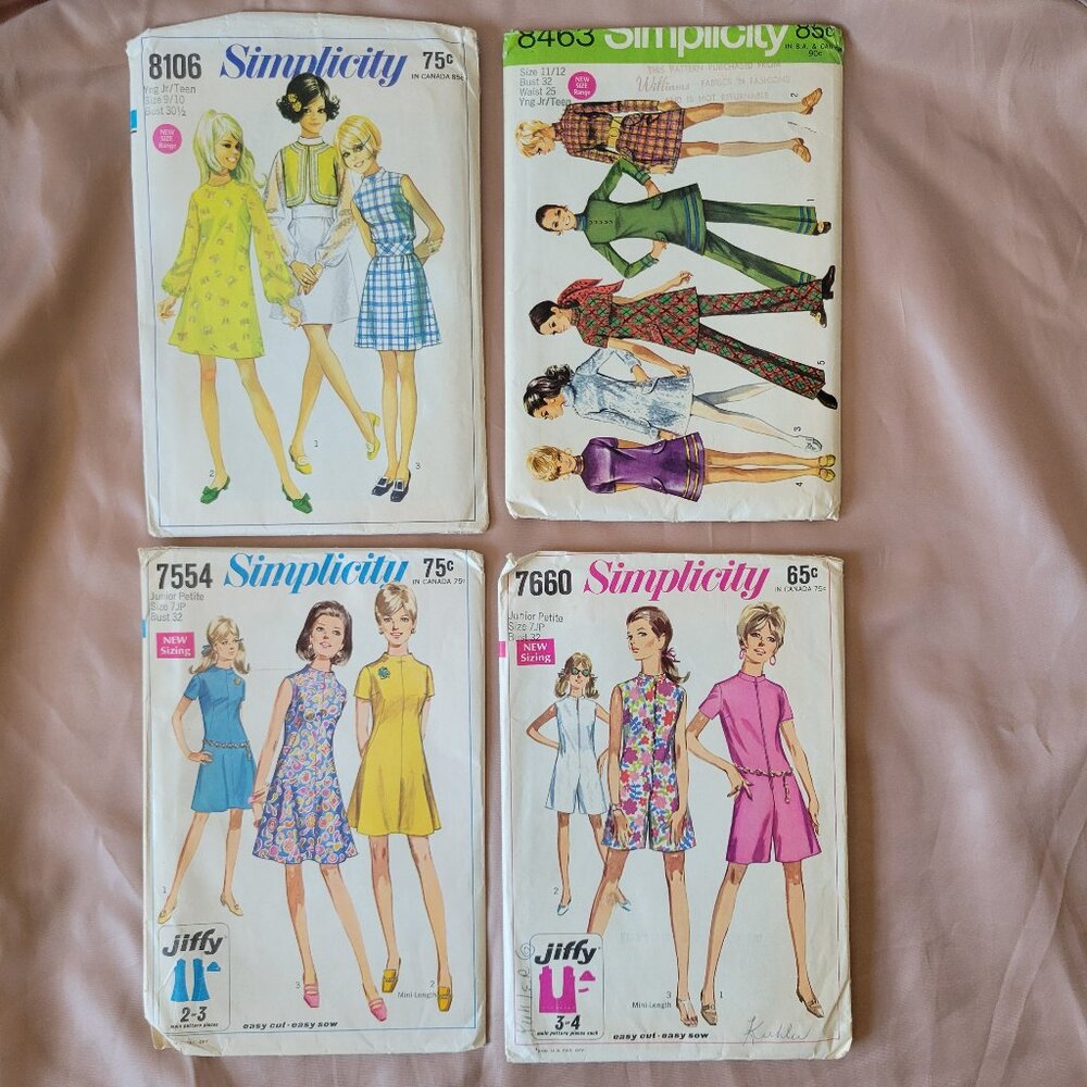 Vintage 60’s & 70’s Simplicity Sewing Patterns Lot of 4 Jr./Teen Dresses, Skirts